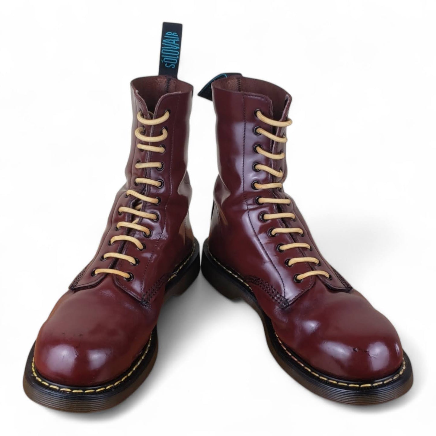 Vintage UK 10 Steel-Toe Solovair Derby Boots - Hi-Shine Burgundy Leather with Yellow Stitching