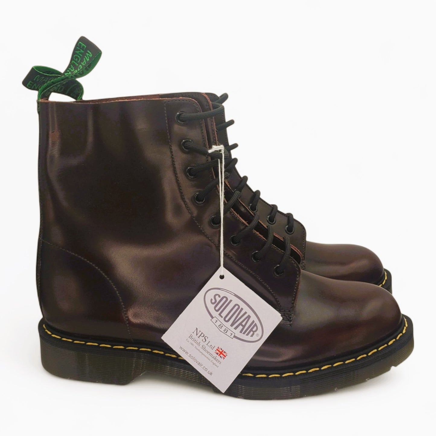UK10/US11 Solovair 8 Eye Burgundy Rub-Off w/yellow Stitching
