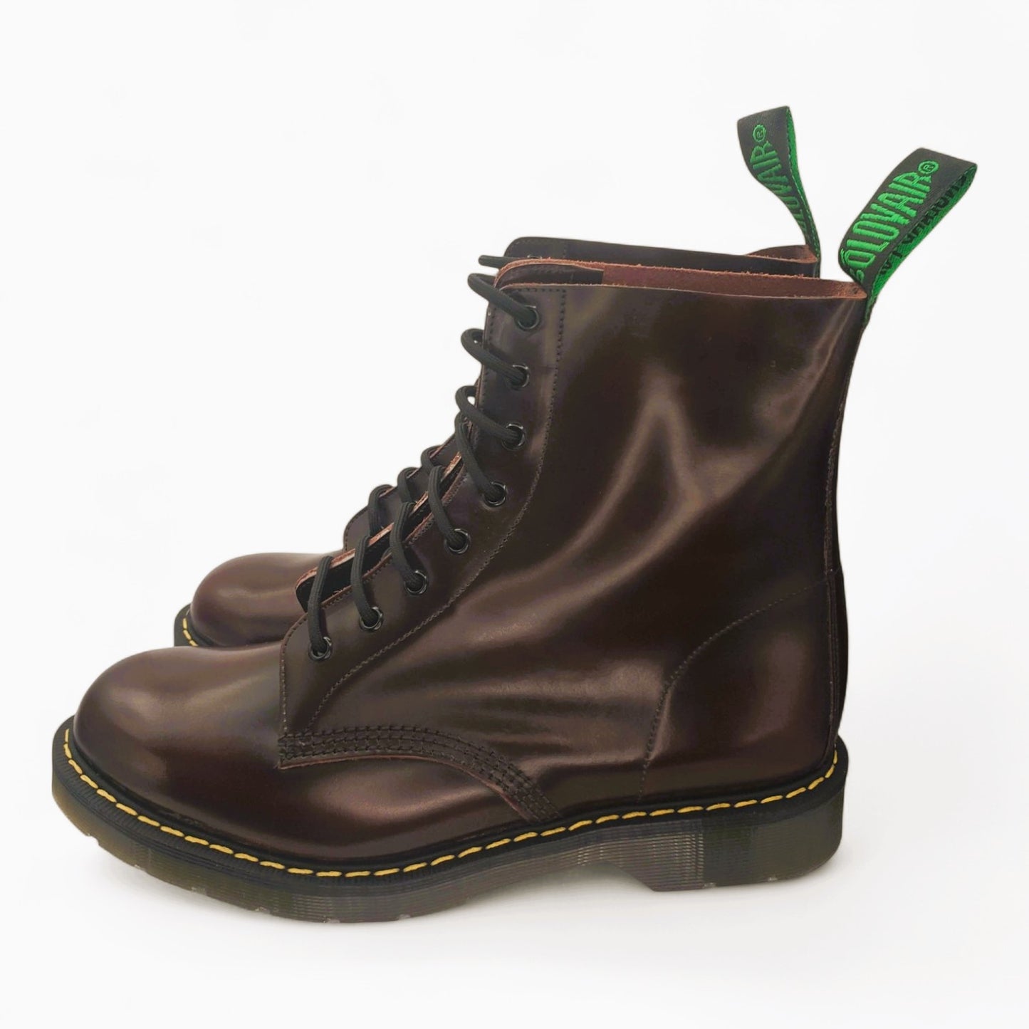 UK10/US11 Solovair 8 Eye Burgundy Rub-Off w/yellow Stitching