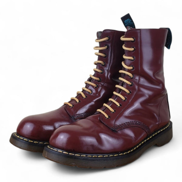 Vintage UK 10 Steel-Toe Solovair Derby Boots - Hi-Shine Burgundy Leather with Yellow Stitching