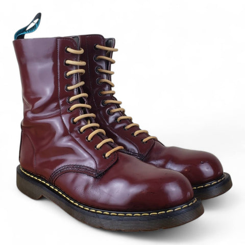 Vintage UK 10 Steel-Toe Solovair Derby Boots - Hi-Shine Burgundy Leather with Yellow Stitching