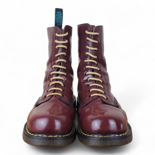 Vintage UK 10 Steel-Toe Solovair Derby Boots - Hi-Shine Burgundy Leather with Yellow Stitching