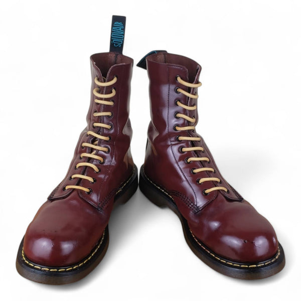 Vintage UK 10 Steel-Toe Solovair Derby Boots - Hi-Shine Burgundy Leather with Yellow Stitching