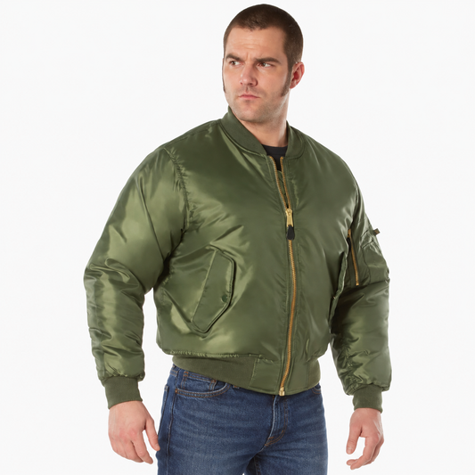 Concealed Carry MA-1 Flight Jacket in Sage Green, front three-quarter view
