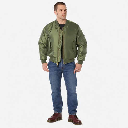 Concealed Carry MA-1 Flight Jacket in Sage Green, full body front view