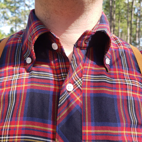 Navy, Red, and Gold Check Short Sleeve Button-Down